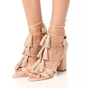 Loeffler Randall Genuine Leather Lace Up Block Heel Sandals Tassel Gladiator 7 B